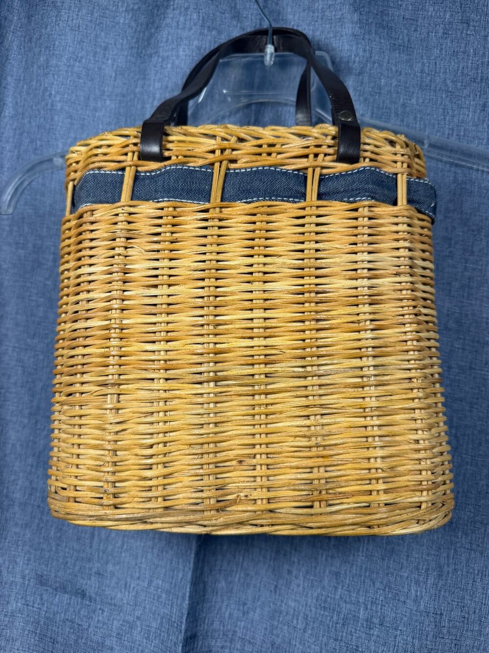 Vintage Woven Wicker Basket Handbag Denim Trim Leather Handles Lined Tote